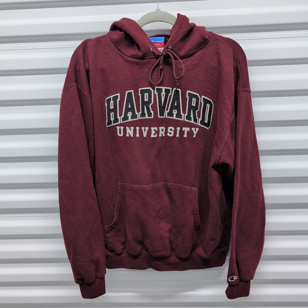 Champion Harvard University Hoodie Size L Mens Maroon Burgundy Pullover Graphic